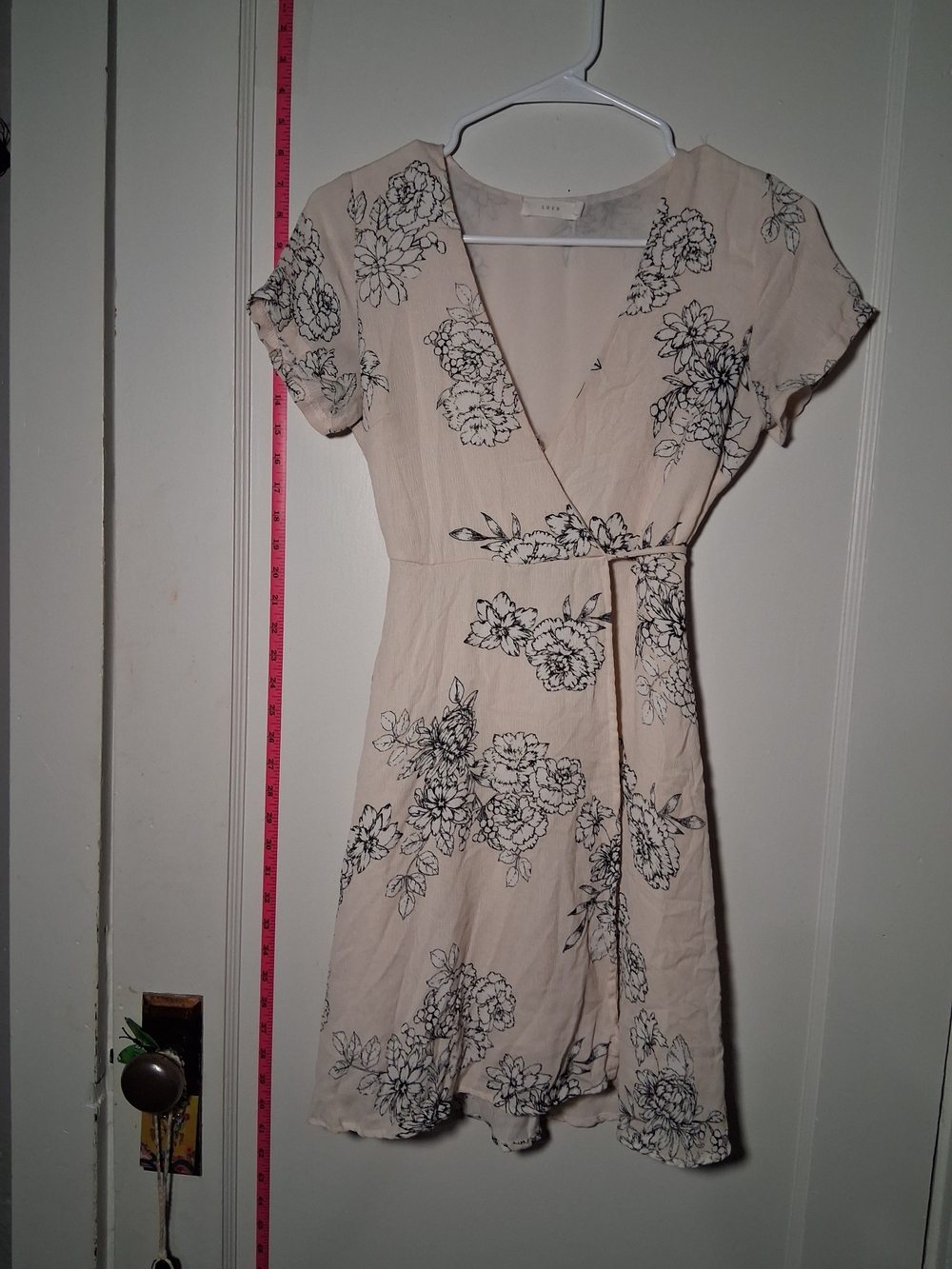 Lush Cream Floral Wrap Dress with Black Print